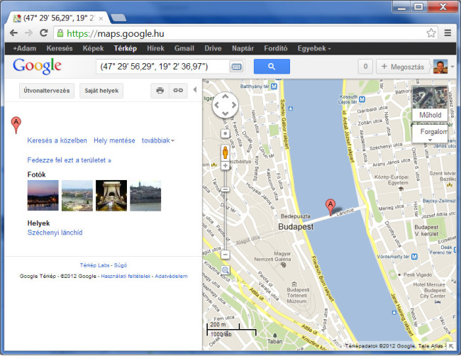Keresés a Google Maps-ben földrajzi koordináták alapján.