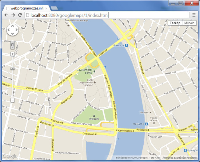 Első Google Maps példánk. A képernyő közepe: Budapest, XI. Pázmány Péter sétány 1/.c (koordinátákkal megadva)