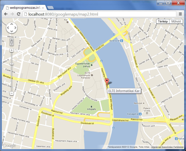 Google Maps példa: jelölő az ELTE IK-n.