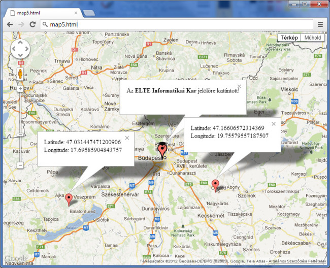 Google Maps példa az eseménykezelésre: jelölők beszúrása, kattintással.